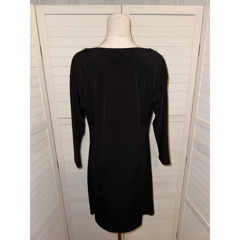 MICHAEL KORS Black Cowl Neck 3/4 Sleeve Sheath Dress Gold Zipper Detail XS
